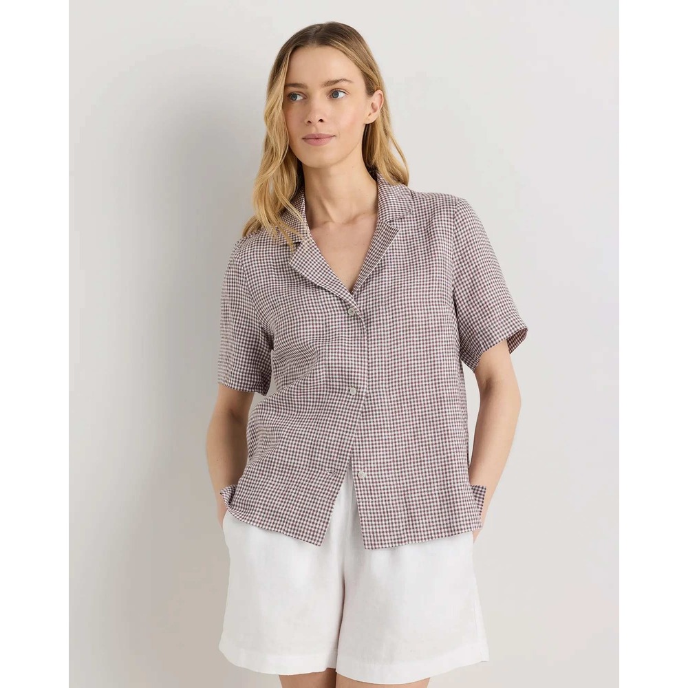 Quince European Linen Short Sleeve Shirt Taupe Gingham Size Large NWT